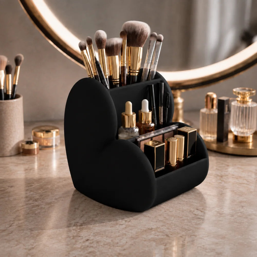 Organizator pentru cosmetice si pensule de machiaj, compartimente pe niveluri, negru mat