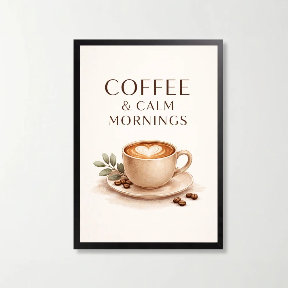 Tablou decorativ cu mesaj Coffee & Calm Mornings, 21 x 29.7 cm, rama neagra