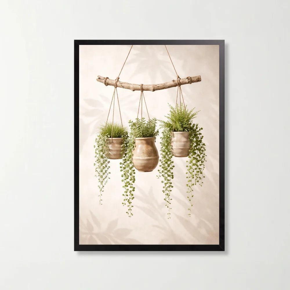 Tablou decorativ botanic cu ghivece suspendate, 21 x 29.7 cm, rama neagra