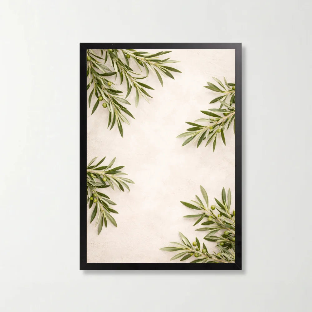 Tablou decorativ botanic cu ramuri de maslin, 21 x 29.7 cm, rama neagra