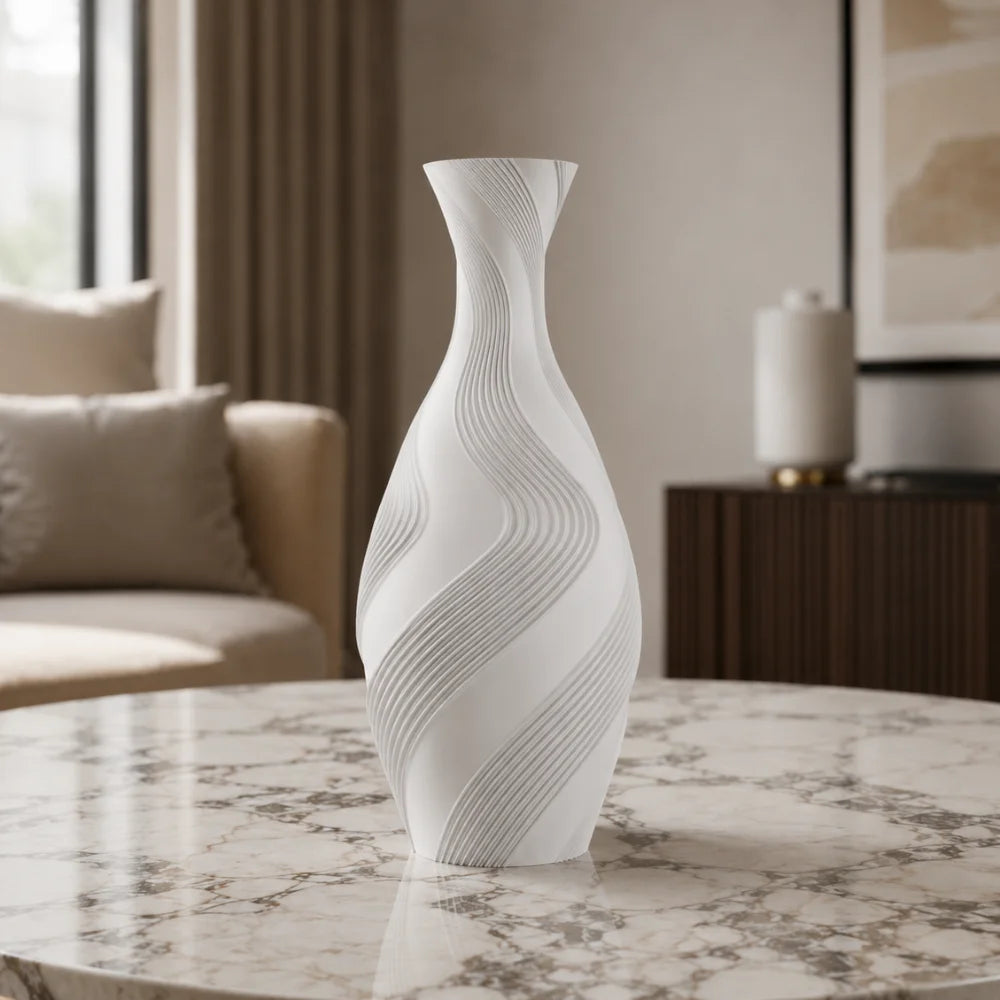 Vaza decorativa alb mat, 20 cm, cu linii ondulate