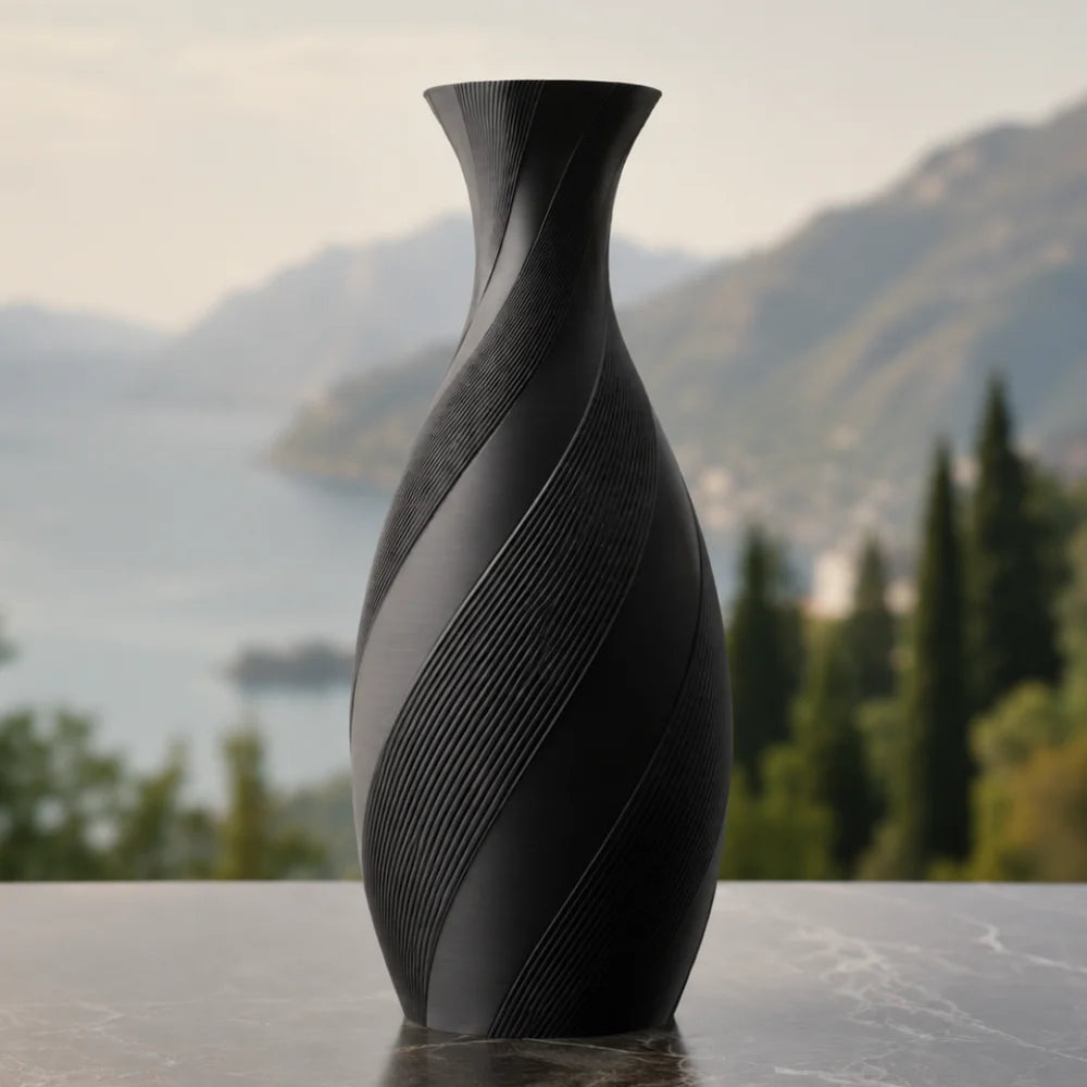 Vaza inalta negru mat, 20 cm, cu design rasucit
