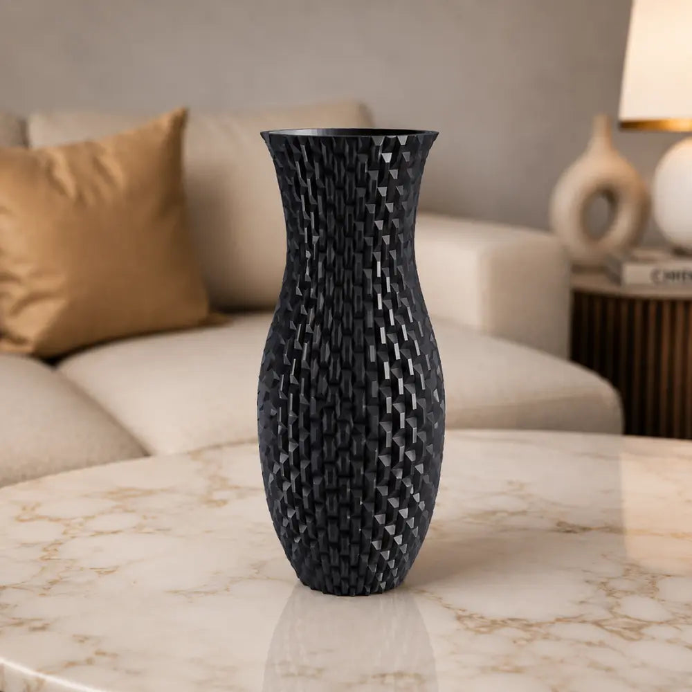 Vaza decorativa negru mat, 20 cm, cu relief geometric