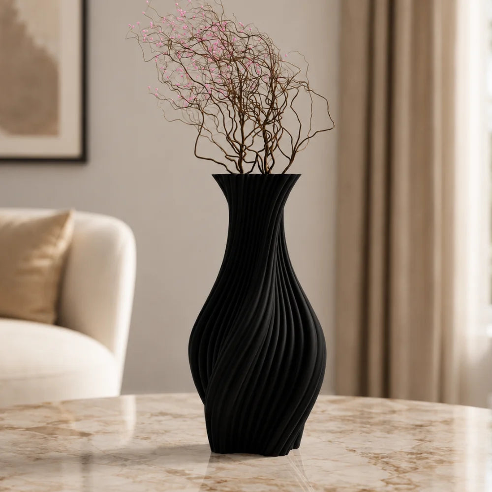 Vaza negru mat, 20 cm, forma de clepsidra, ideala pentru flori artificiale