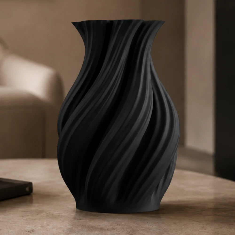 Vaza negru mat pentru flori uscate, 20 cm, cu design spiralat
