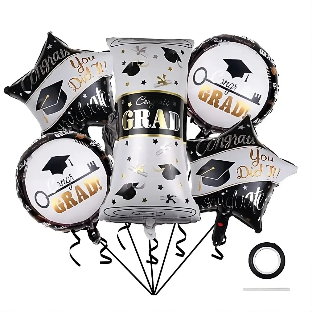 Set 5 baloane folie metalizată – temă Absolvire, figurina diplomă + 2 stele + 2 rotunde, alb-negru, umflare aer/heliu