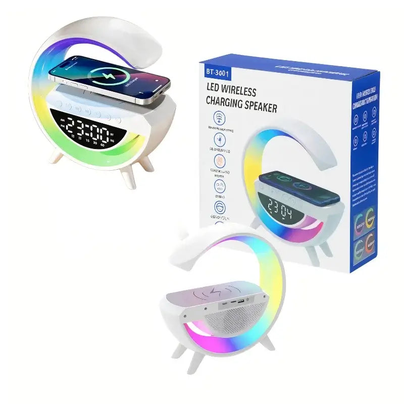 Boxă portabilă 4-în-1 LED multicoloră — ceas digital, radio FM, microfon și încărcare wireless