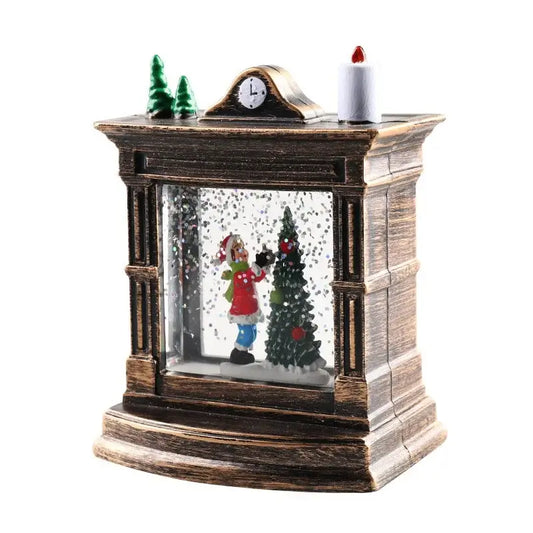 Decoratiune Crăciun tip semineu/ceas – glob de cristal cu fulgi de zăpadă, iluminare LED, 11,5 × 8,5 × 6,5 cm