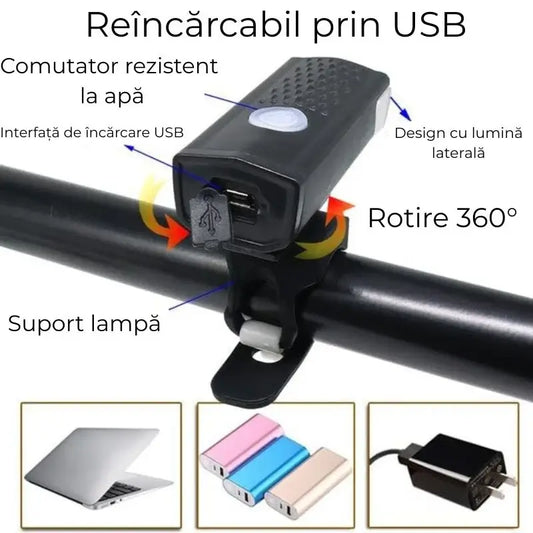 Far cu LED reîncărcabil pentru bicicletă / trotinetă – 3 moduri luminoase, IPX4, USB, negru (6,5×2,9×2,3 cm)