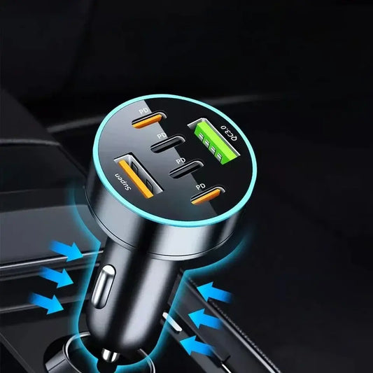 Încărcător auto 6 în 1 – 2×USB QC3.0 + 4×Type-C PD 65W, încărcare rapidă, negru