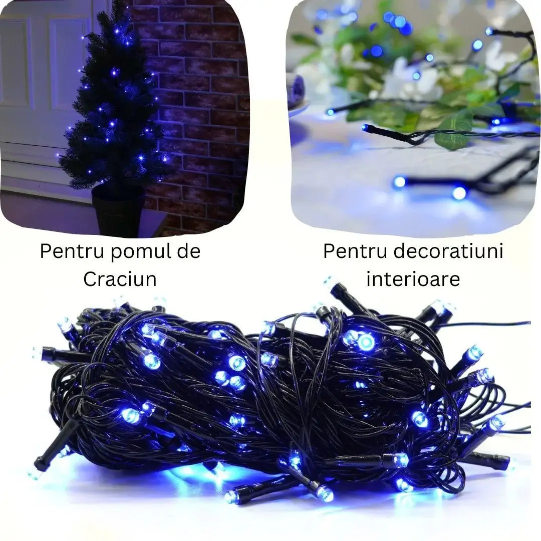 Instalație Crăciun liniară 17 m / 200 LED-uri – albastru, fir negru, 8 jocuri de lumină, interior/exterior