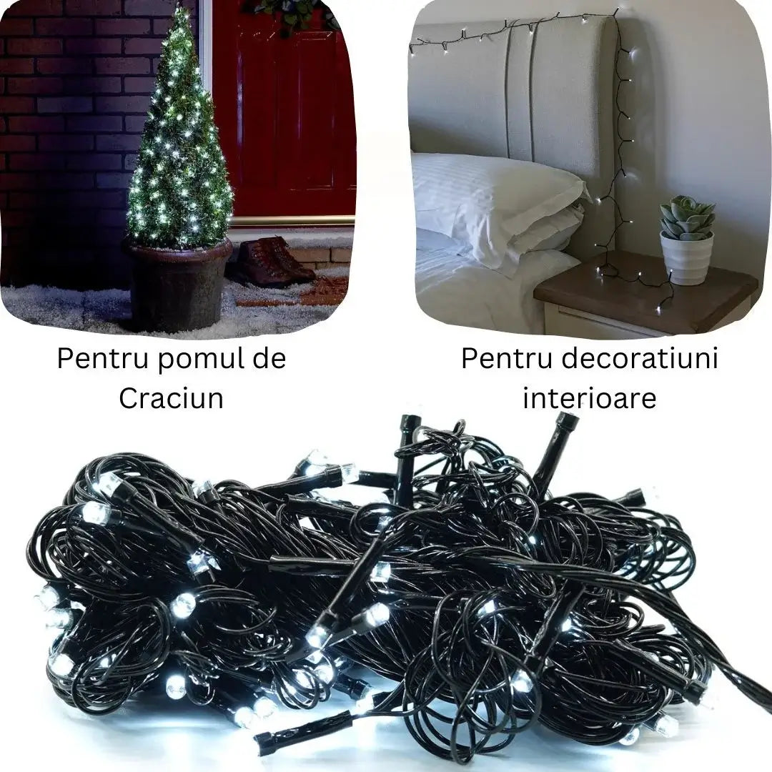 Instalație Crăciun – alb rece, fir negru, 8 moduri de lumină, interconectabilă, interior/exterior