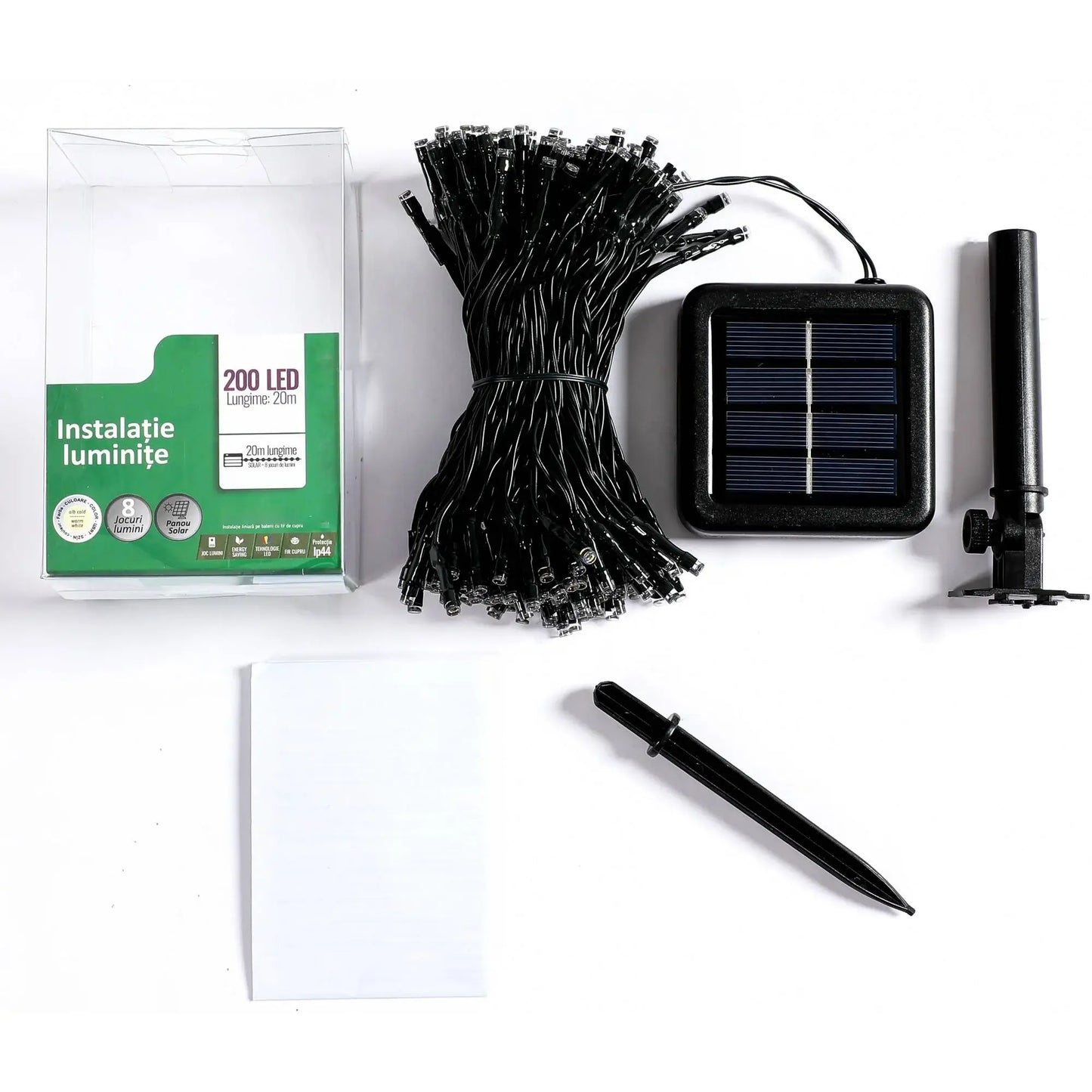 Instalație Crăciun – 20 m, 200 LED-uri, lumină alb caldă, energie solară, fir de cupru, pentru interior/exterior