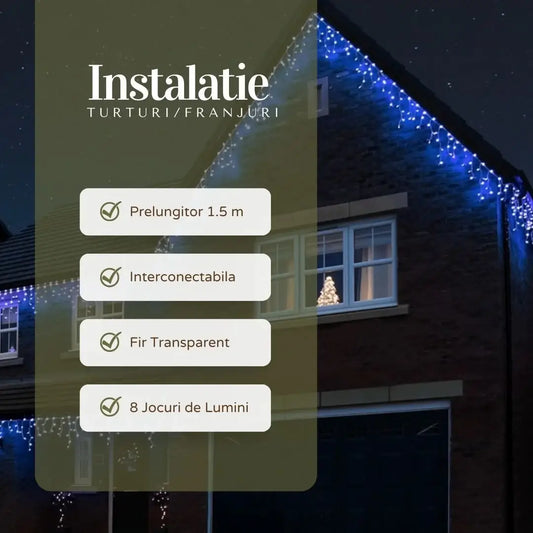 Instalație Crăciun tip franjuri / turturi – albastru, fir transparent, 8 moduri de lumină, interconectabilă, interior/exterior