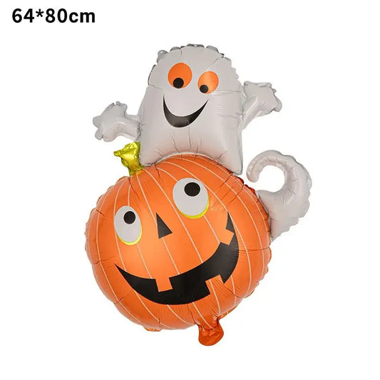 Set 5 baloane folie metalizată – Halloween multicolor, umflare aer sau heliu, figurina dovleac + fantomă 64×80 cm + stelute & cerculete