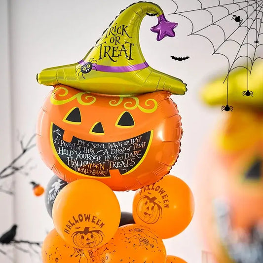 Set 5 baloane folie metalizată – decor Halloween multicolor, umflare aer sau heliu, figurina dovleac 54×87 cm + stelute / cerculete