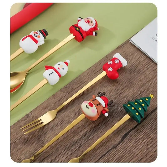 Set 6 tacâmuri Crăciun – linguri şi furculiţe inox cu figurine tematice, cutie-cadou