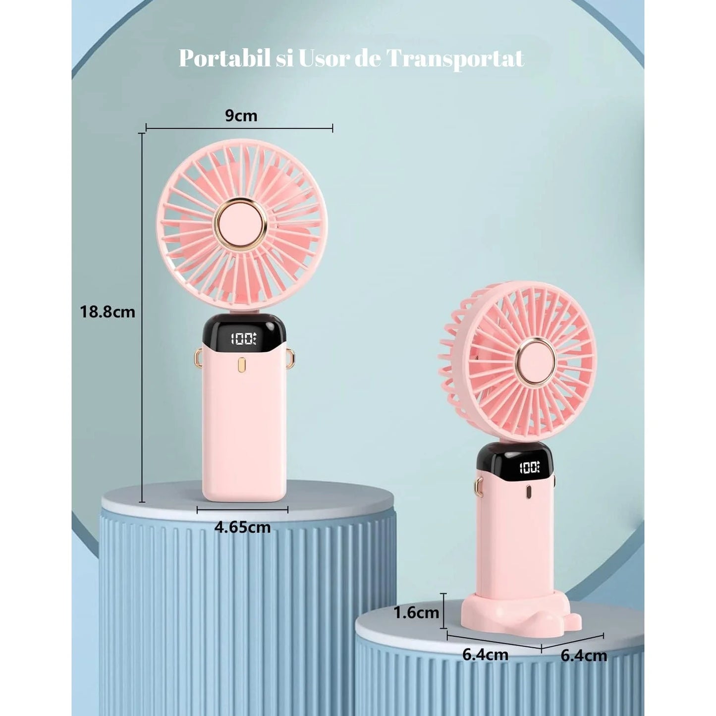Ventilator Ultra Portabil 3 in 1 cu Aromaterapie, Ecran LCD, 5 Viteze, USB-C, Autonomie 12 Ore, Pliabil, Roz