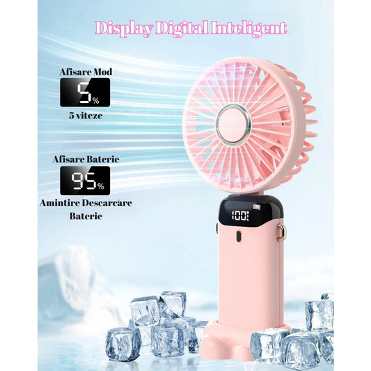 Ventilator Ultra Portabil 3 in 1 cu Aromaterapie, Ecran LCD, 5 Viteze, USB-C, Autonomie 12 Ore, Pliabil, Roz