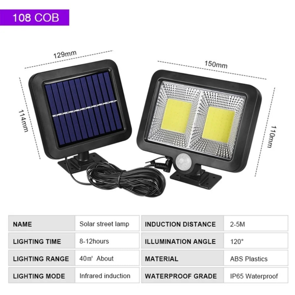 Lampa solara de exterior, cu senzor de miscare, 108 COB LED, 2400 lm, IP65, neagra