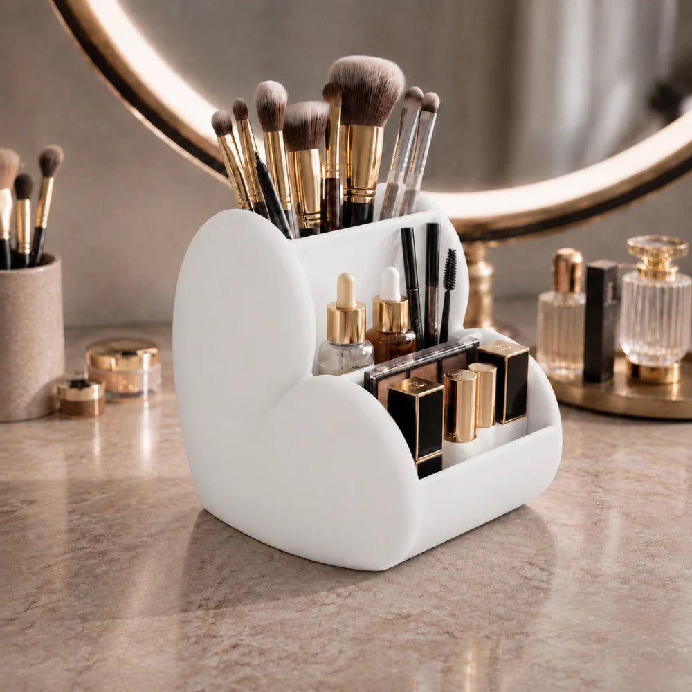 Organizator pentru cosmetice si pensule de machiaj, compartimente pe niveluri, alb mat