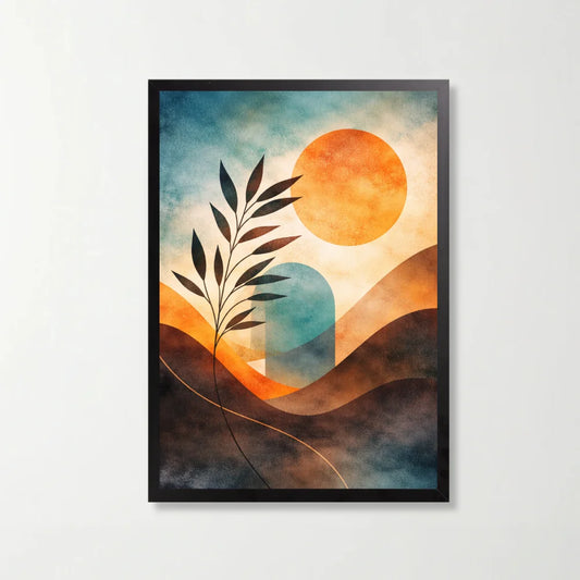 Tablou abstract botanic in tonuri calde, 21 x 29.7 cm, rama neagra