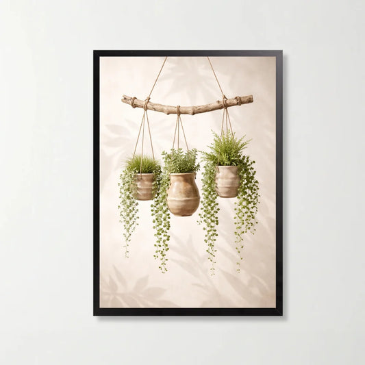 Tablou decorativ botanic cu ghivece suspendate, 21 x 29.7 cm, rama neagra