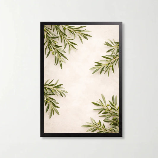 Tablou decorativ botanic cu ramuri de maslin, 21 x 29.7 cm, rama neagra