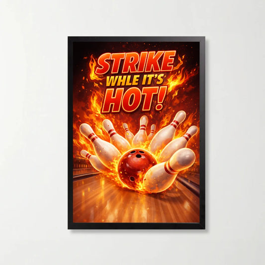 Tablou decorativ bowling cu mesaj Strike While It's Hot, 21 x 29.7 cm, rama neagra