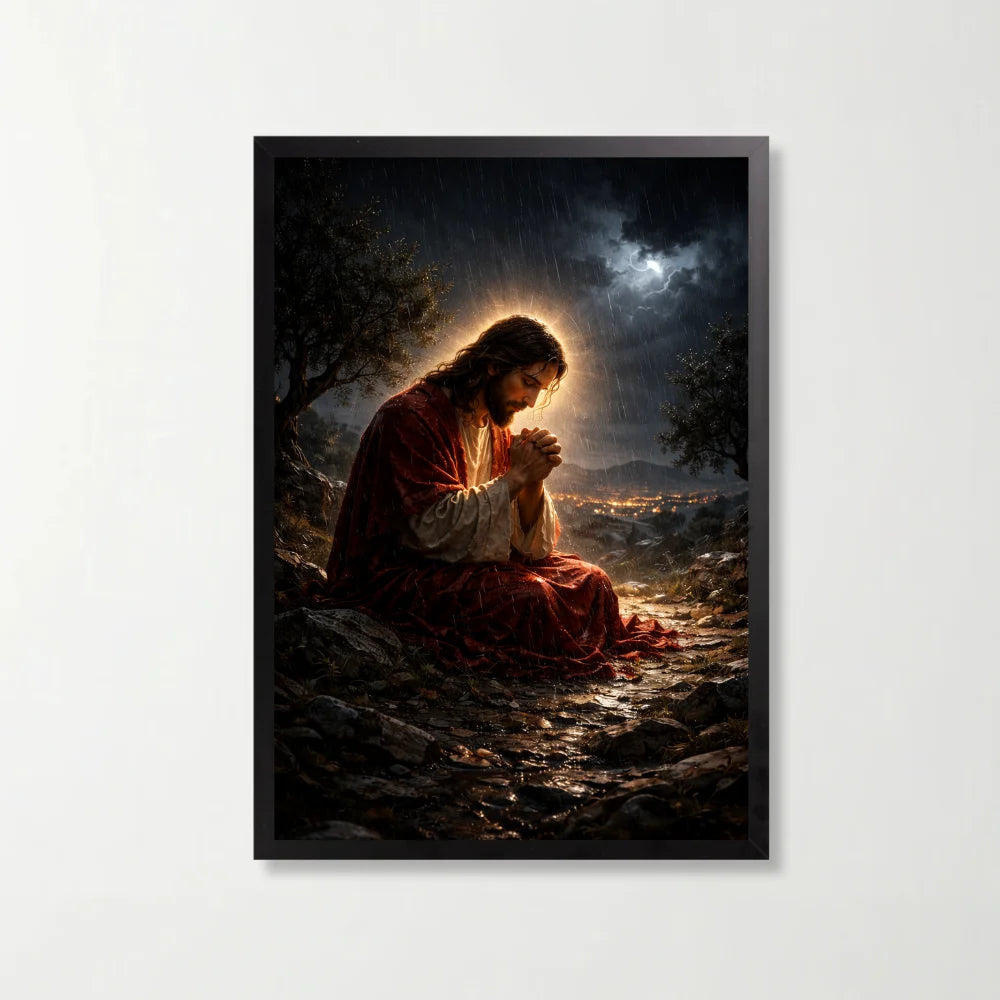 Tablou religios crestin cu scena de rugaciune, 21 x 29.7 cm, rama neagra