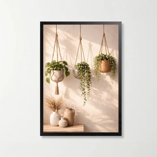 Tablou decorativ botanic cu ghivece suspendate, 21 x 29.7 cm, rama neagra