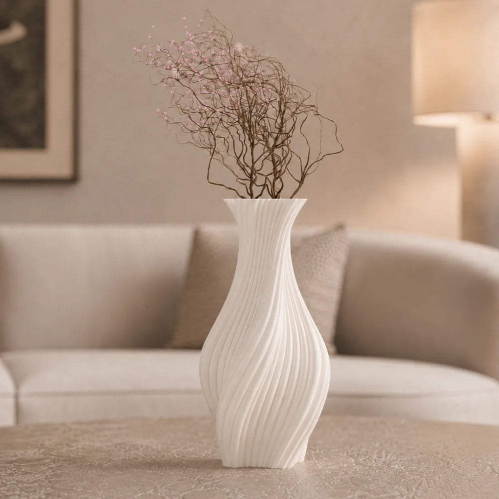 Vaza alb mat pentru pampas, 20 cm, cu model in valuri, ideala pentru flori artificiale