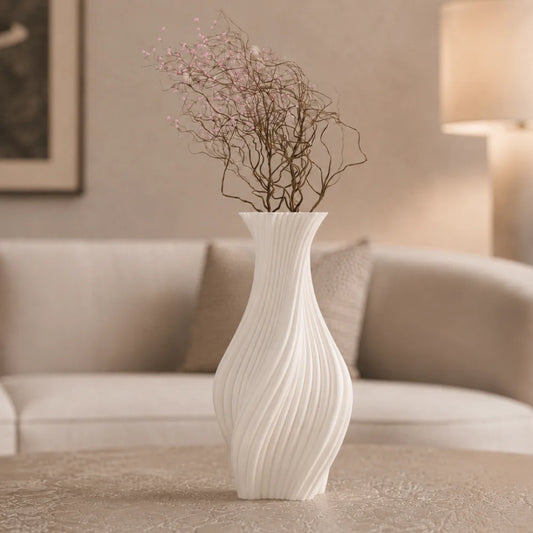 Vaza alb mat pentru pampas, 20 cm, cu model in valuri, ideala pentru flori artificiale
