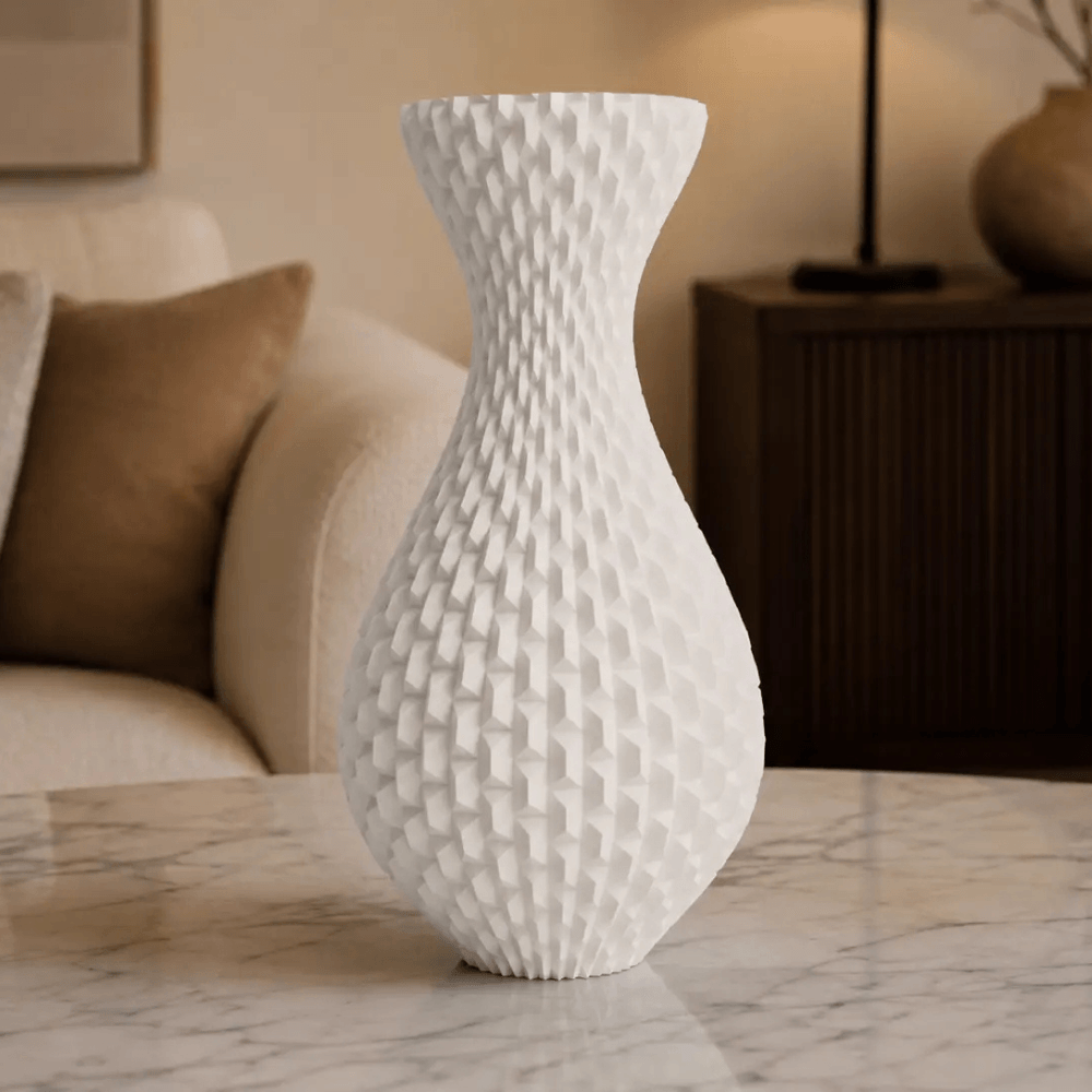 Vaza decorativa alb mat, 20 cm, cu textura geometrica