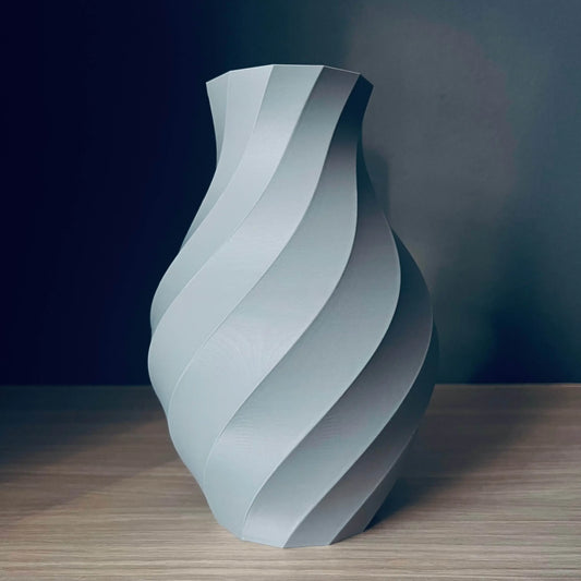 Vaza decorativa gri cu design spiralat, 20 cm, stil modern minimalist