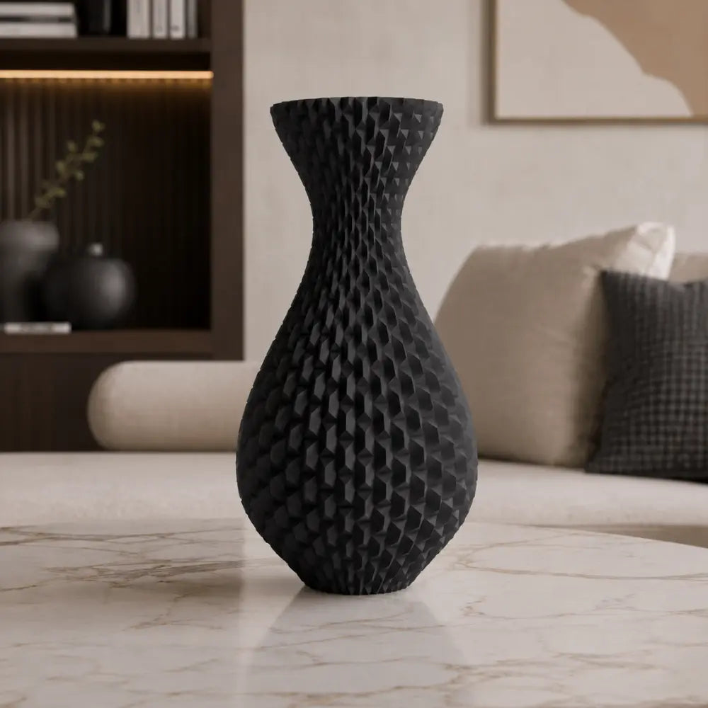 Vaza decorativa negru mat, 20 cm, cu forma sculpturala