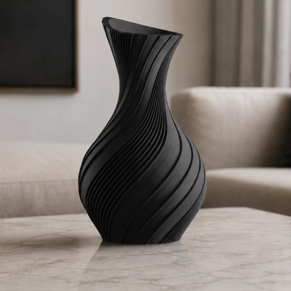Vaza moderna negru mat, 20 cm, cu design fluid