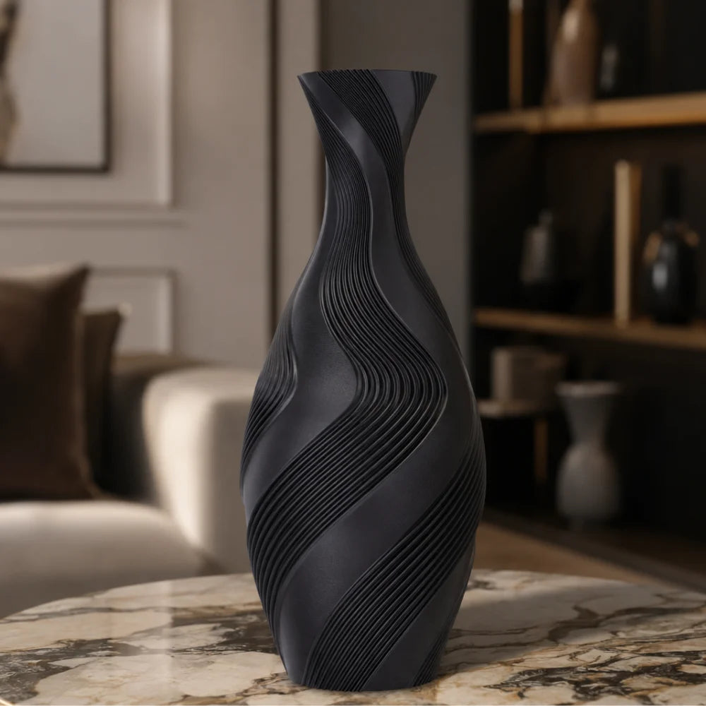 Vaza decorativa negru mat, 20 cm, cu relief ondulat