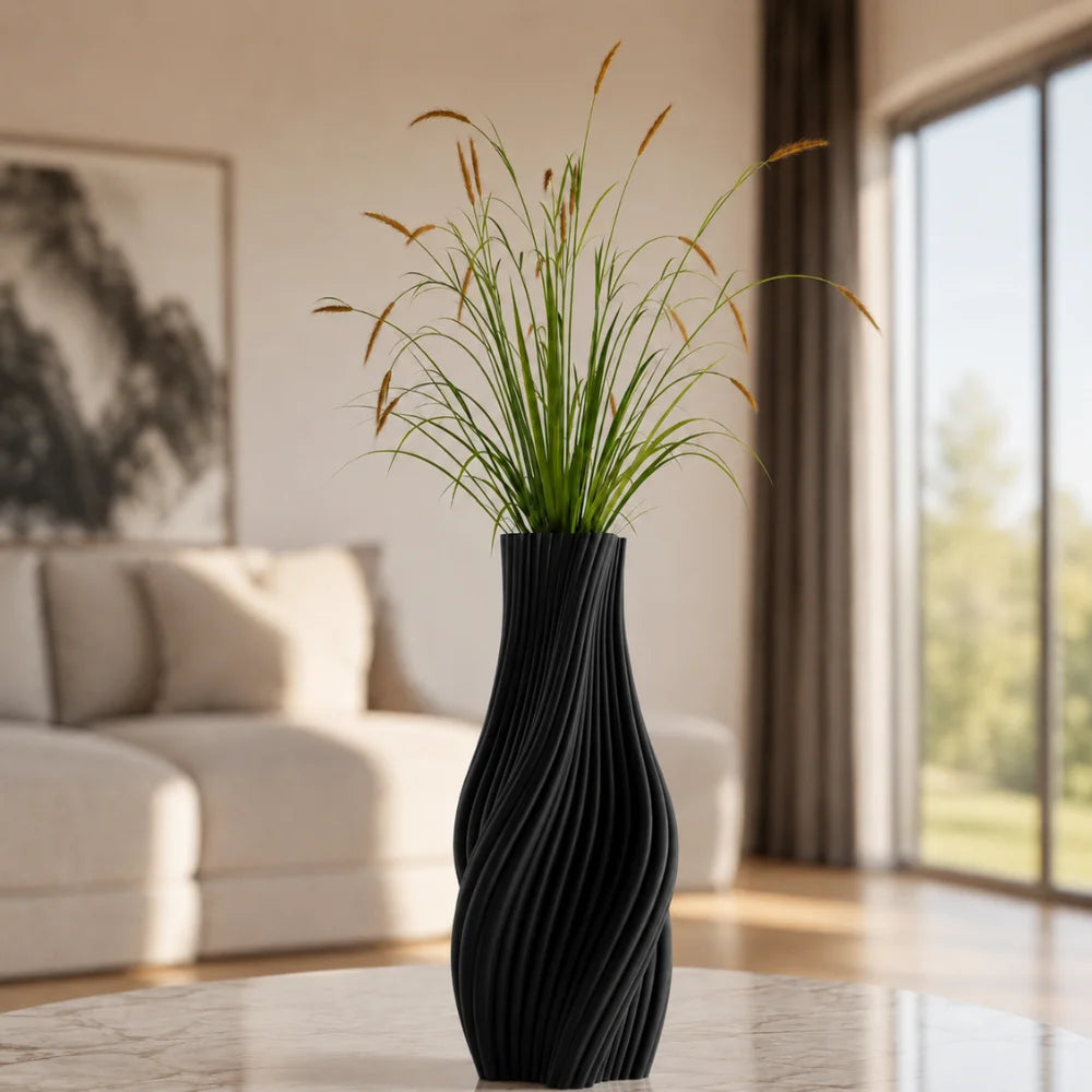Vaza negru mat, 20 cm, cu forma alungita si model rasucit, ideala pentru flori artificiale