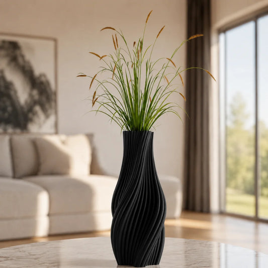 Vaza negru mat, 20 cm, cu forma alungita si model rasucit, ideala pentru flori artificiale