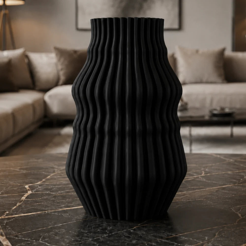 Vaza negru mat, 20 cm, cu forma ondulata, 3D
