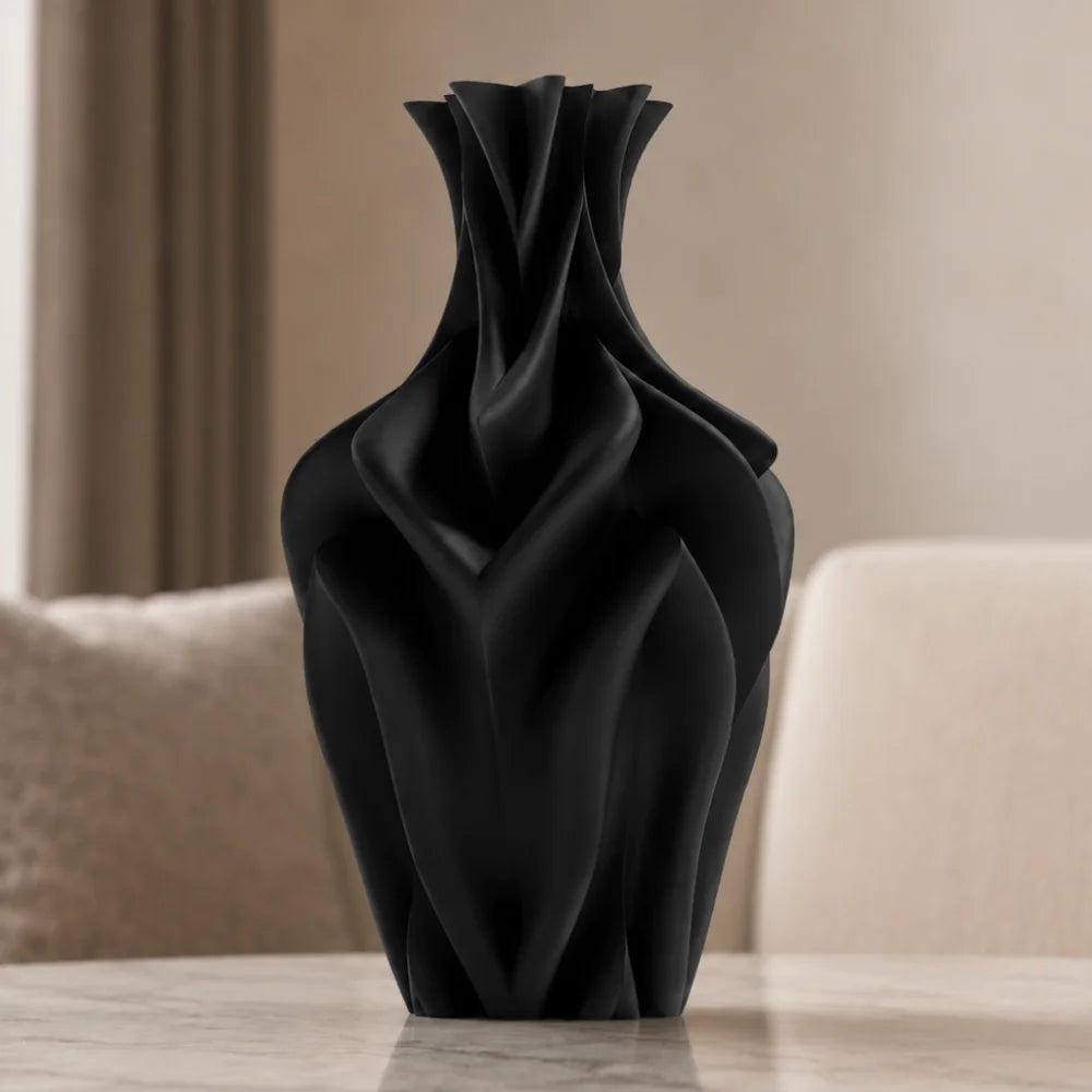 Vaza negru mat, 20 cm, cu forme suprapuse, ideala pentru flori artificiale
