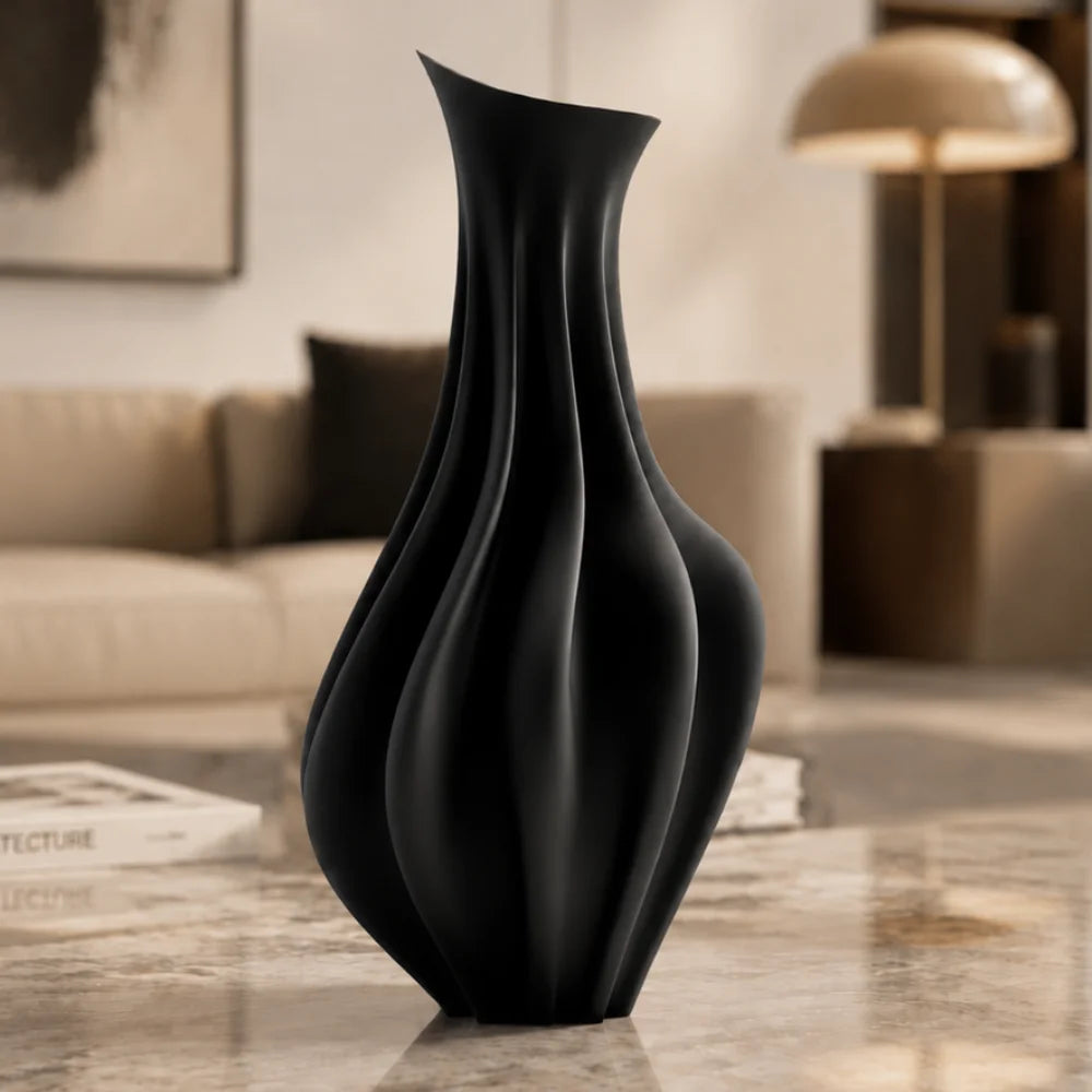 Vaza negru mat, 20 cm, cu gat inalt si margine evazata, ideala pentru flori artificiale