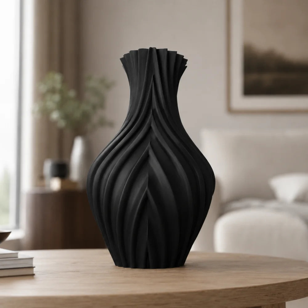 Vaza negru mat, 20 cm, cu aspect de frunze, ideala pentru flori artificiale