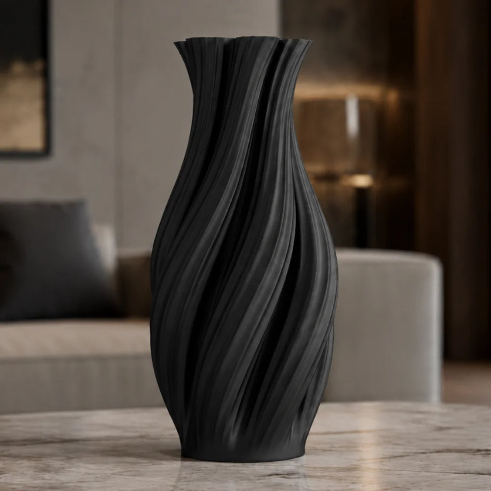 Vaza negru mat, 20 cm, cu model fluid, ideala pentru flori artificiale