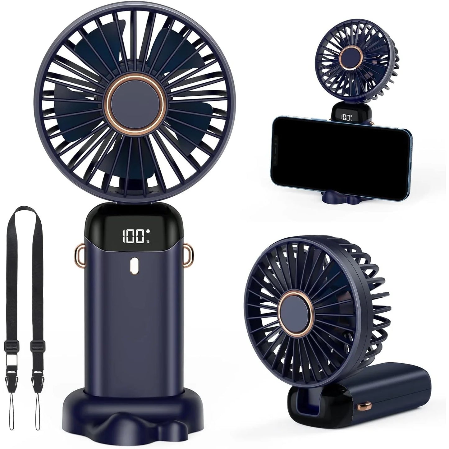 Ventilator Portabil 3 in 1 cu Aromaterapie, 5 Viteze, Ecran LCD, USB-C, Autonomie 12 Ore, Pliabil, Albastru
