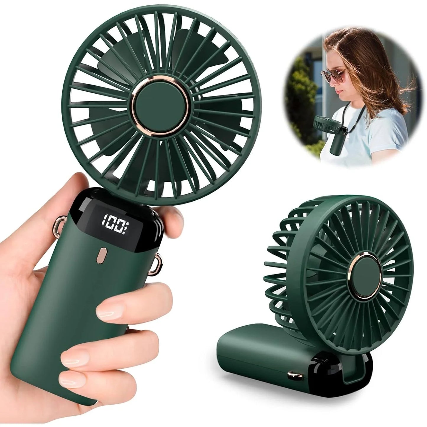 Ventilator Portabil 3 in 1 cu Aromaterapie, Ecran LCD, 5 Viteze, Incarcare USB, Autonomie 12 Ore, Pliabil, Verde