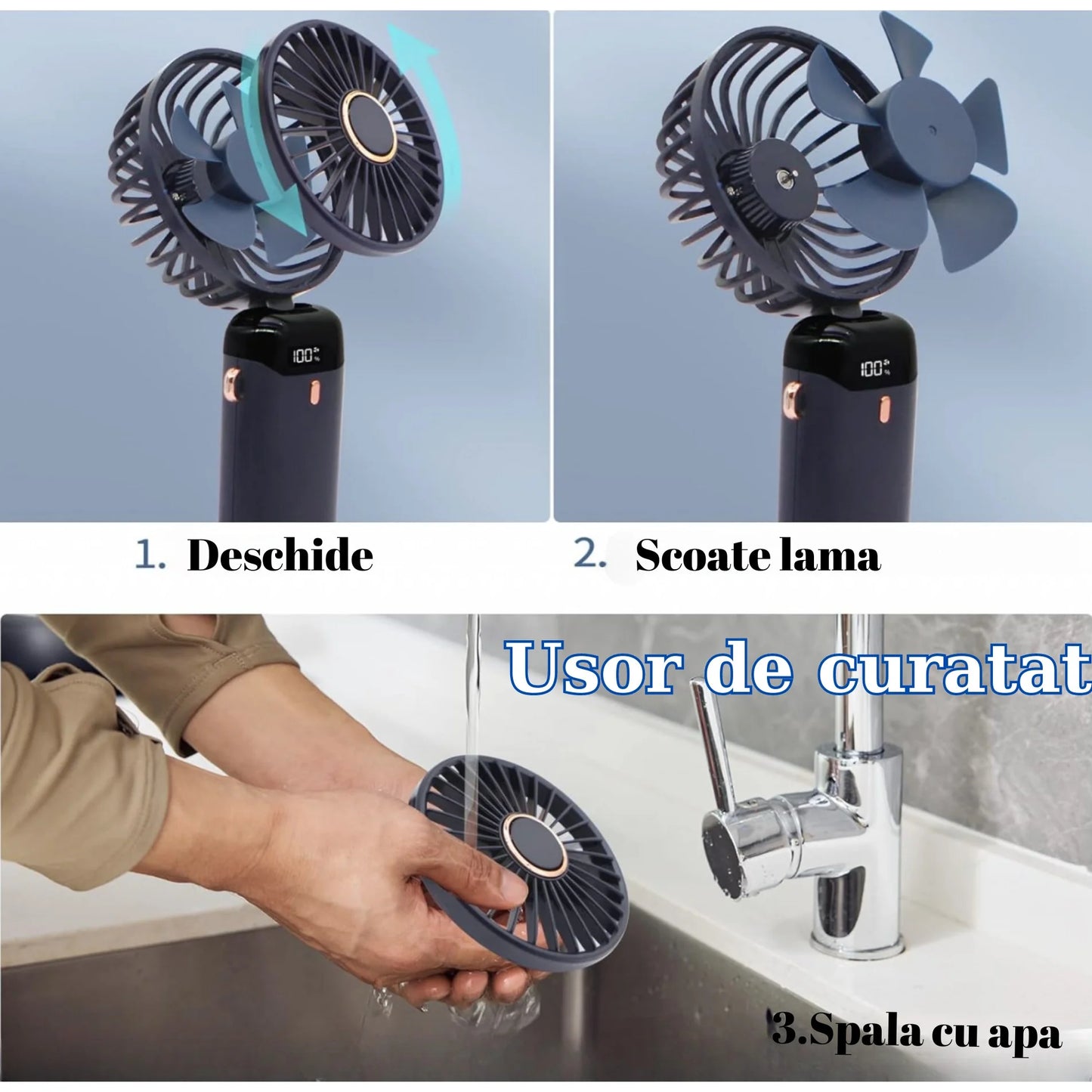 Ventilator Portabil 3 in 1 cu Aromaterapie, 5 Viteze, Ecran LCD, USB-C, Autonomie 12 Ore, Pliabil, Albastru