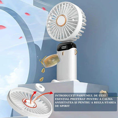 Mini Ventilator Portabil 3 în 1 cu Aromaterapie, Ecran LCD, 5 Viteze, USB-C, Autonomie 12 Ore, Pliabil, Alb