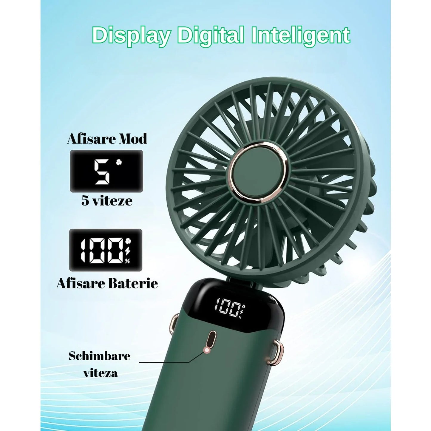 Ventilator Portabil 3 in 1 cu Aromaterapie, Ecran LCD, 5 Viteze, Incarcare USB, Autonomie 12 Ore, Pliabil, Verde